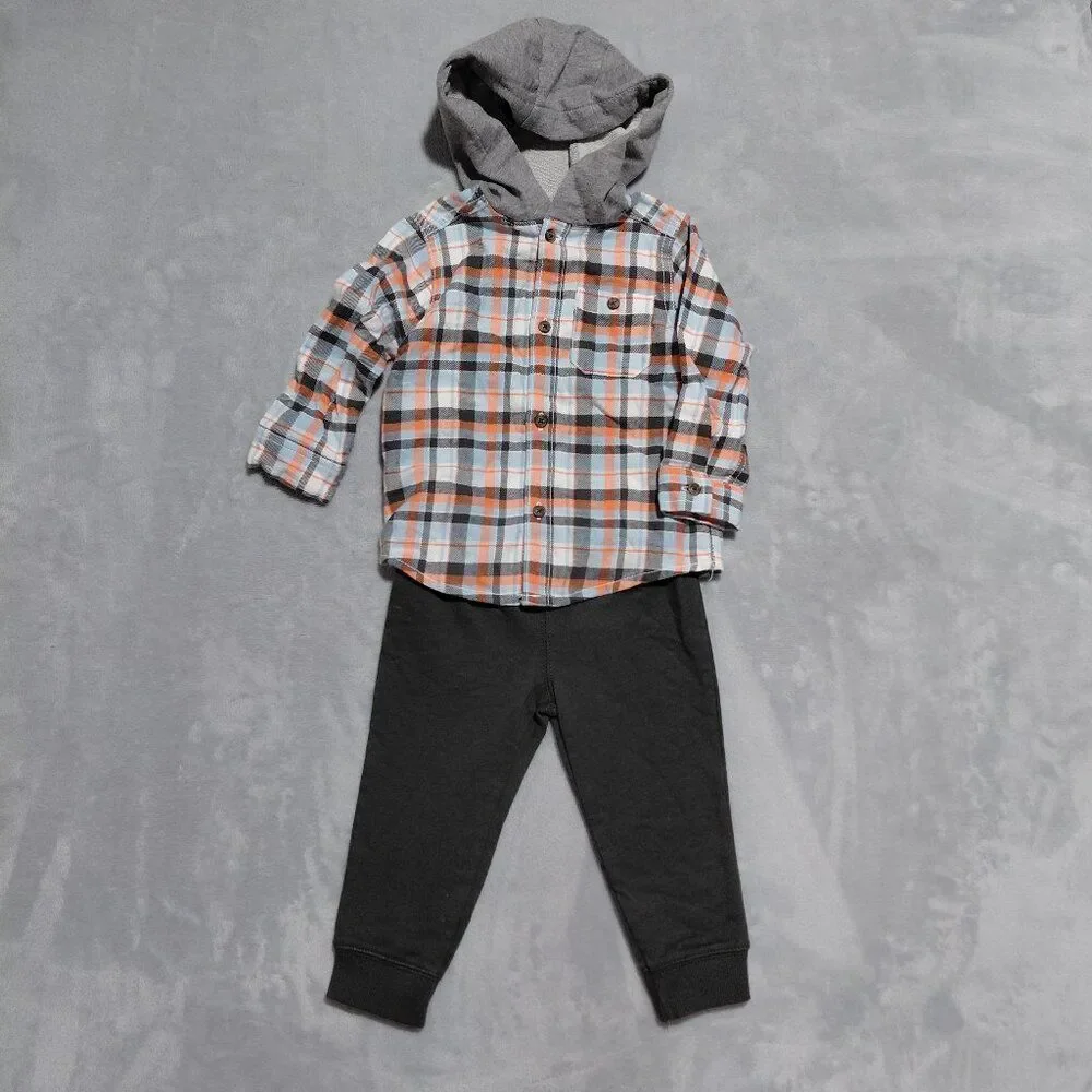 NEW Carter's 12M Two Piece Jersey Pants & Plaid Button Up with Hood